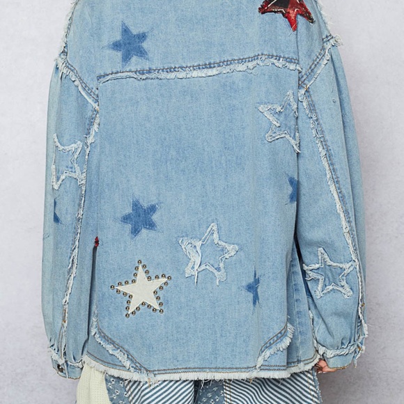 New Pol Denim Shacket Top Button Shirt Women Stars Boho Anthropologie Blue - Picture 4 of 11